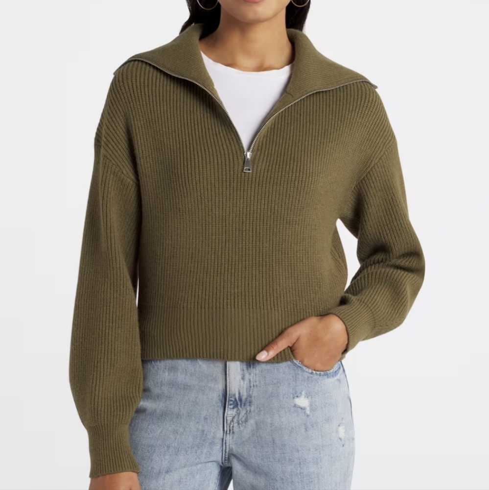 Steve Madden Rowan Knit Quarter Zip Sweater - Olive Green